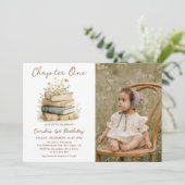 Chapter One Floral Books 1st Birthday Photo Kaart (Staand voorkant)