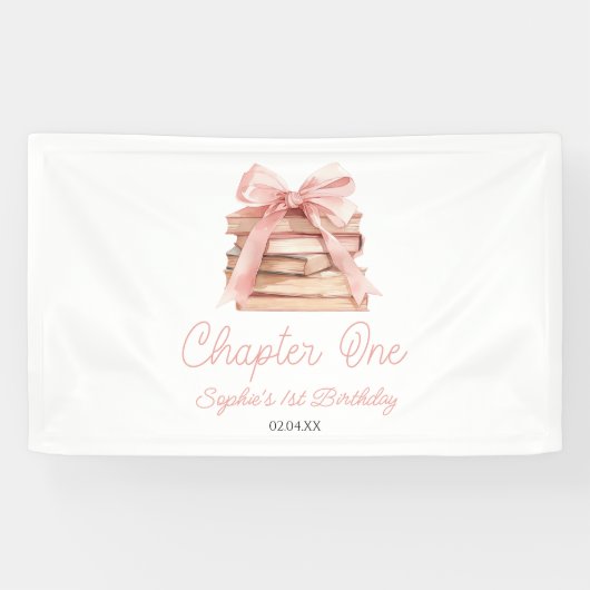 Chapter One Pink Bow Books 1st Birthday Party Spandoek (Horizontaal)