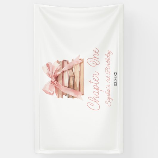 Chapter One Pink Bow Books 1st Birthday Party Spandoek (Verticaal)