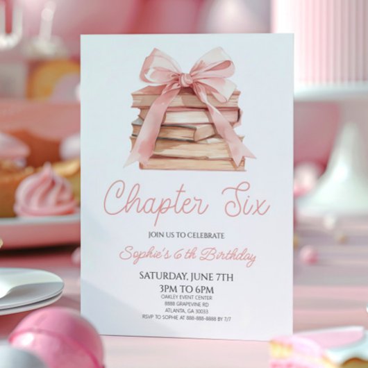 Chapter Six Pink Bow Storybook 6th Birthday Party Kaart