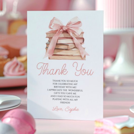Chapter Storybook Pink Bow Books Birthday Party Bedankkaart