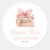 Chapter Three Pink Bow Books 3rd Birthday Party Ronde Sticker (Voorkant)