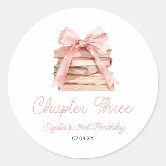 Chapter Three Pink Bow Books 3rd Birthday Party Ronde Sticker (Voorkant)