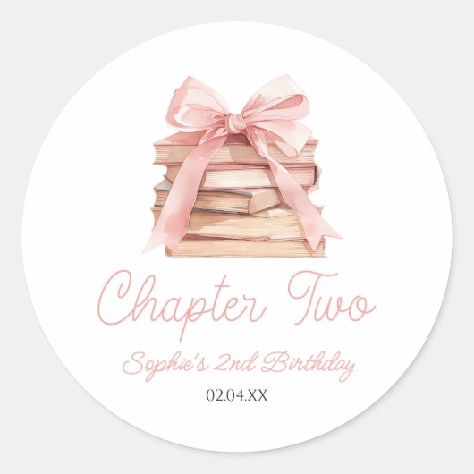 Chapter Two Pink Bow Books 2nd Birthday Party Ronde Sticker (Voorkant)