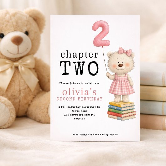 Chapter Two Teddy Bear Book Girl 2nd Birthday Pink Kaart