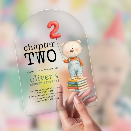 Chapter Two Teddy Bear Books Boy 2nd Birthday Acryl Uitnodigingen