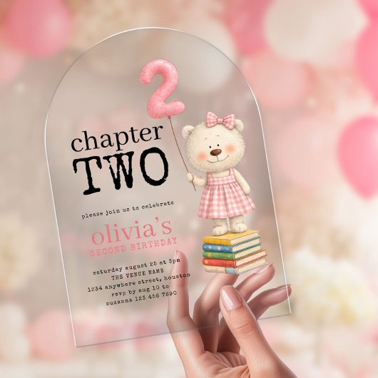 Chapter Two Teddy Bear Books Girl 2nd Birthday Acryl Uitnodigingen