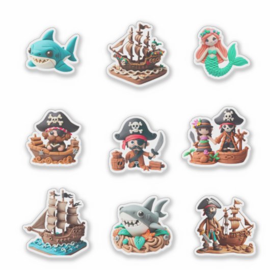 characters shark boat octopus pirate mermai sticker (Voorkant)