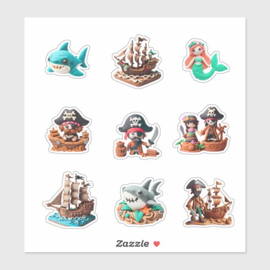 characters shark boat octopus pirate mermai sticker (Vel)