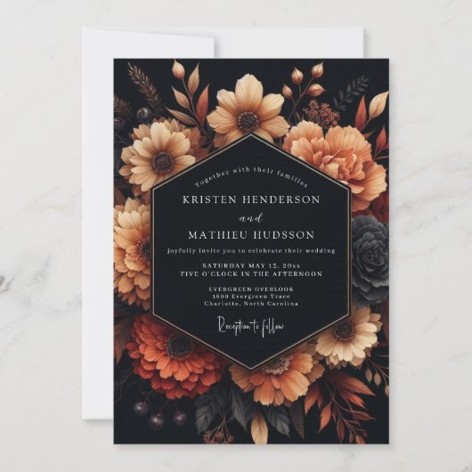 Charcoal Amber Bloom Wedding Kaart (Voorkant)