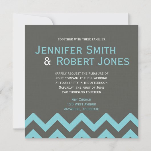Charcoal and Aqua Chevron Posh Wedding Invitation Kaart (Voorkant)
