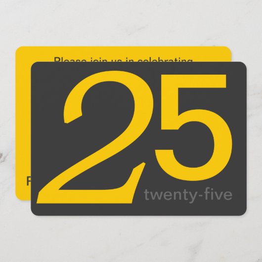 Charcoal and Yellow Custom 25th Birthday Invite Kaart (Voorkant / Achterkant)