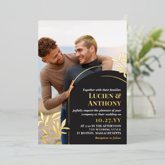 Charcoal Arch Golden Sprigs 2 in 1 Bruiloftsdetail Folie Uitnodiging (Staand Voorkant)
