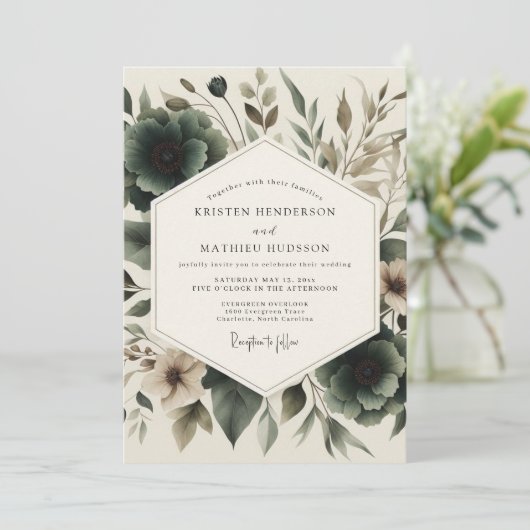 Charcoal Artistic Botanical Wedding Kaart (Staand voorkant)