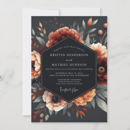 Charcoal Baroque Flora Wedding Kaart (Voorkant)