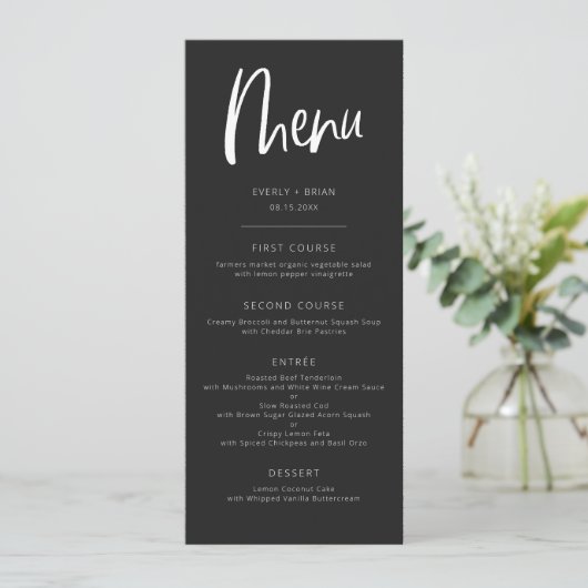 Charcoal black Modern minimalist Wedding Menu (Staand voorkant)
