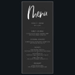 Charcoal black Modern minimalist Wedding Menu<br><div class="desc">Moderne,  minimalistische menukaart voor het huwelijksdiner met boho script font. De achtergrondkleur is in zwarte houtskool met witte teksten.</div>