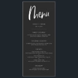 Charcoal black Modern minimalist Wedding Menu<br><div class="desc">Moderne,  minimalistische menukaart voor het huwelijksdiner met boho script font. De achtergrondkleur is in zwarte houtskool met witte teksten.</div>