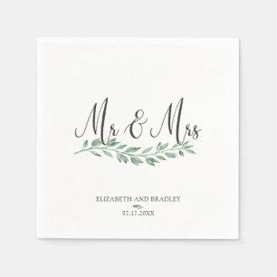 Charcoal Black Script Mr. & Mrs. Greenery Wedding Servet