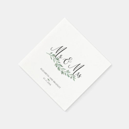Charcoal Black Script Mr. & Mrs. Greenery Wedding Servet (Hoek)