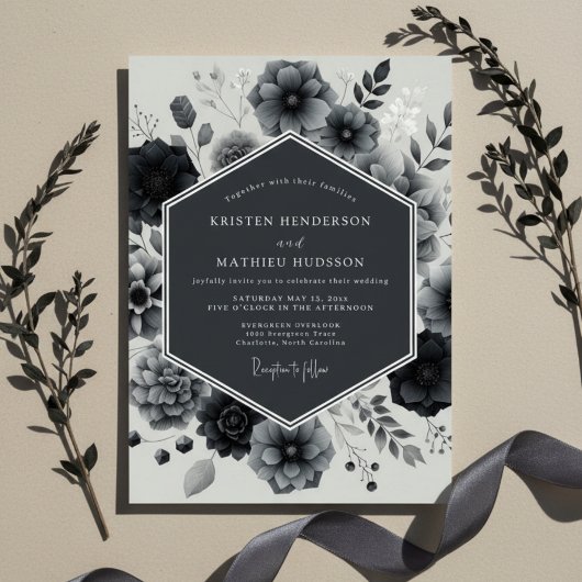 Charcoal Bloom Elegance Wedding Kaart