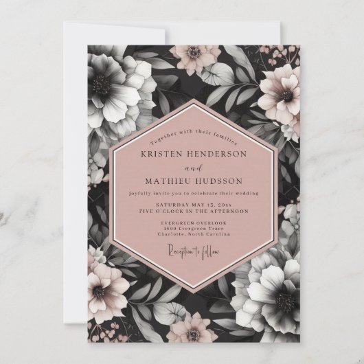 Charcoal Blush Elegant Bloom Wedding Kaart (Voorkant)