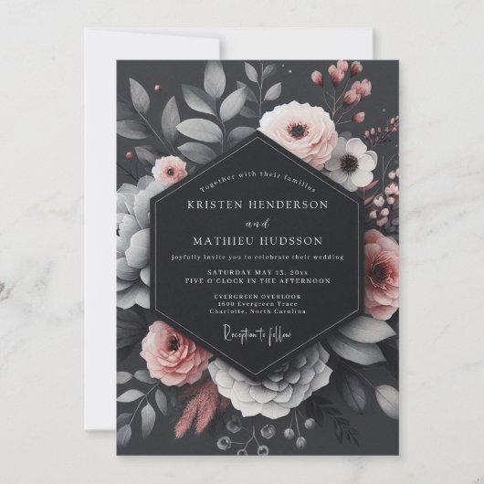 Charcoal Blush Floral Elegance Wedding Kaart (Voorkant)
