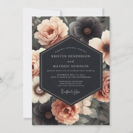 Charcoal & Blush Somber Bloom Wedding Kaart (Voorkant)