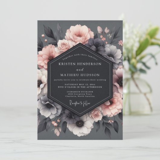 Charcoal Blush Tableau Wedding Kaart (Staand voorkant)