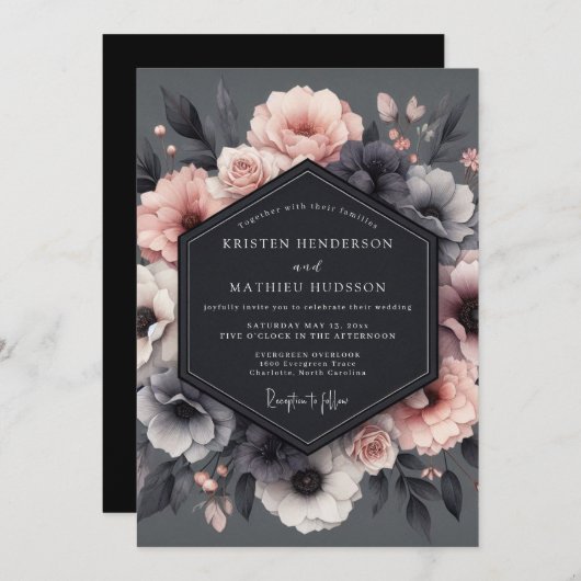 Charcoal Blush Tableau Wedding Kaart (Voorkant / Achterkant)