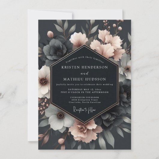 Charcoal Blush Vesperal Bloom Wedding Kaart (Voorkant)