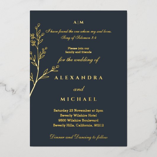 Charcoal Botanical Bible Verse Christian Wedding  Folie Uitnodiging (Voorkant)