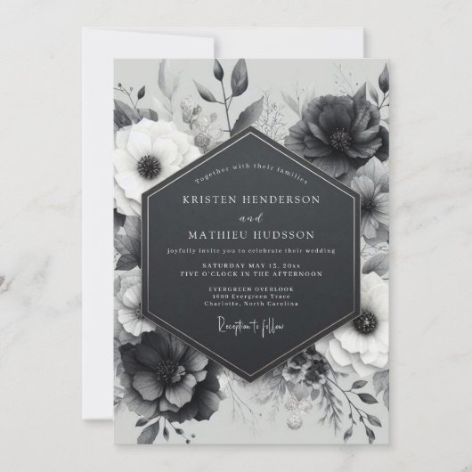 Charcoal Botanical Bloom Wedding Kaart (Voorkant)