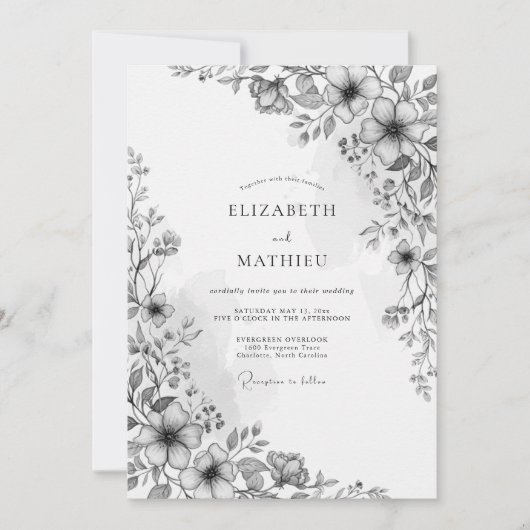 Charcoal Botanical Romance Wedding Kaart (Voorkant)