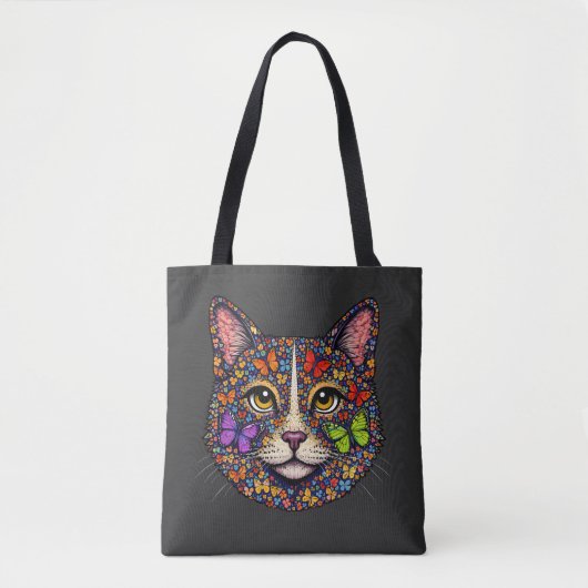 Charcoal Butterfly Blooms Cat Portrait Kitty Lover Tote Bag (Voorkant)