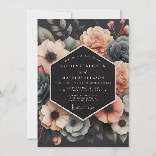 Charcoal & Coral Muted Bloom Wedding Kaart (Voorkant)