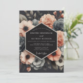 Charcoal & Coral Muted Bloom Wedding Kaart (Staand voorkant)