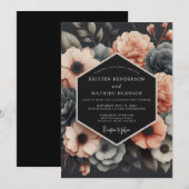 Charcoal & Coral Muted Bloom Wedding Kaart (Voorkant / Achterkant)