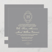  Charcoal & Cream Monogram Invitation Kaart (Voorkant / Achterkant)
