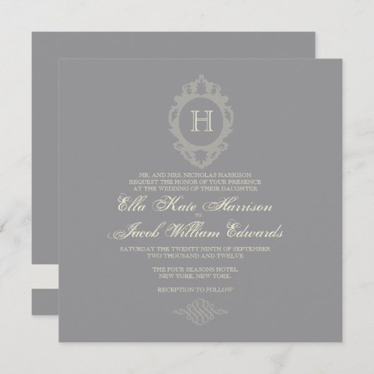 Charcoal & Cream Monogram Invitation Kaart (Voorkant / Achterkant)