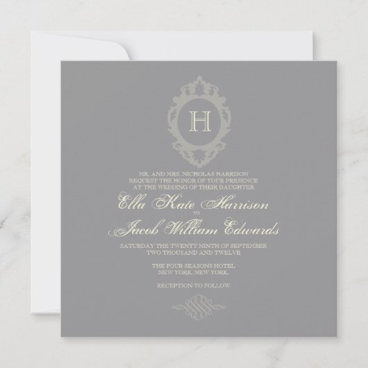 Charcoal & Cream Monogram Invitation Kaart (Voorkant)