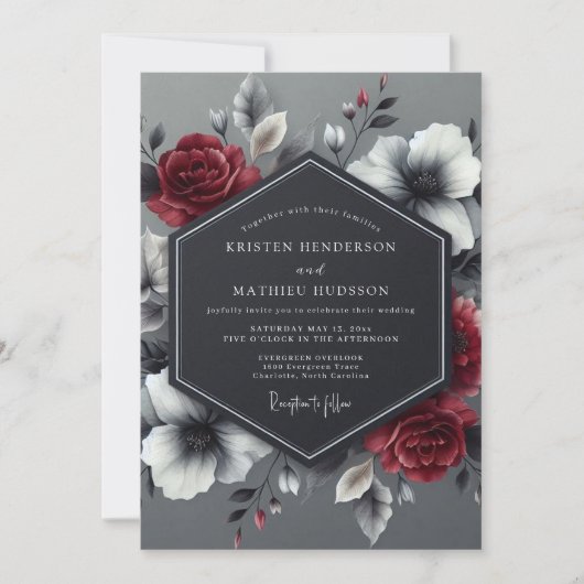 Charcoal Crimson Bloom Wedding Kaart (Voorkant)