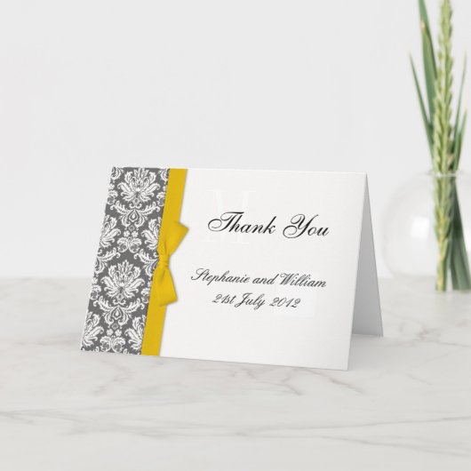 Charcoal Damask Yellow Bow Weddenschap Bedankt kaa (Voorkant)