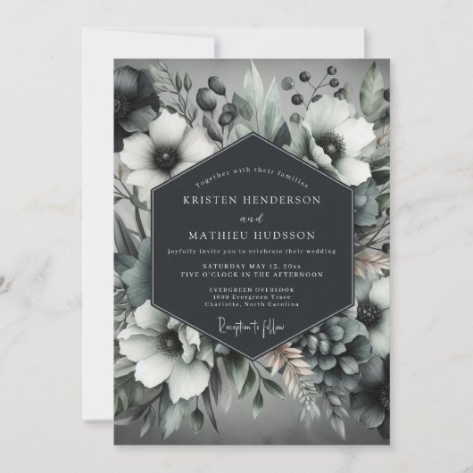 Charcoal Elegant Anemone Wedding Kaart (Voorkant)