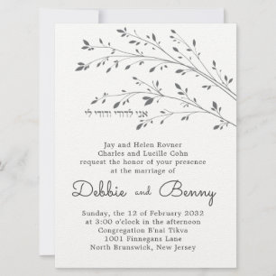 Charcoal Falling Branches Jewish Wedding Invite Kaart