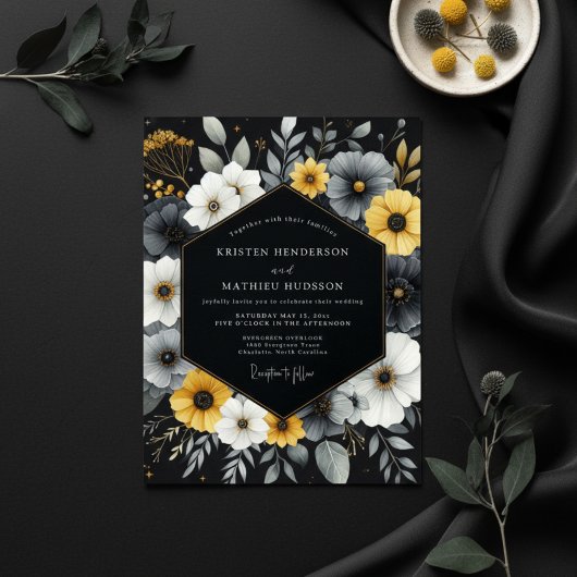 Charcoal Floral Bloom Wedding Kaart