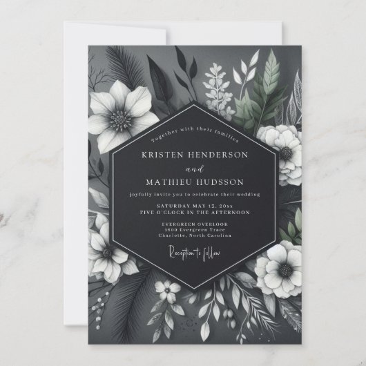 Charcoal Floral Opulent Wedding Kaart (Voorkant)