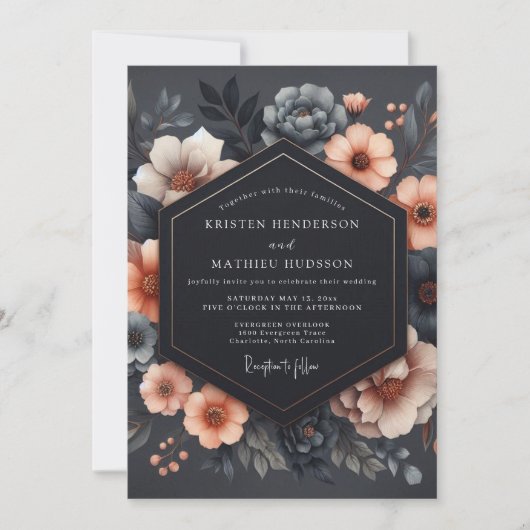 Charcoal Floral Romance Wedding Kaart (Voorkant)