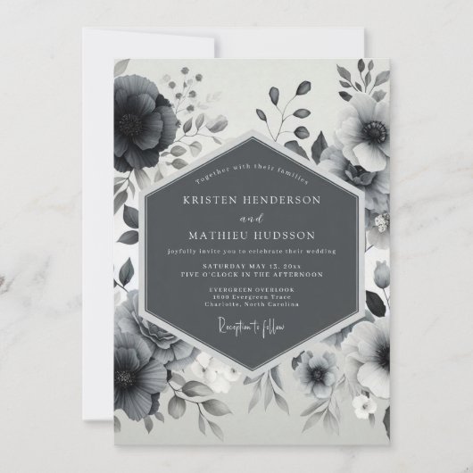 Charcoal Floral Romance Wedding Kaart (Voorkant)