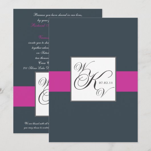 Charcoal Fuchsia Monogrammen Wedding Invitations Kaart (Voorkant / Achterkant)